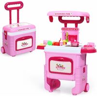 COSTWAY 2-in-1 Kids Kitchen Play Set, Convertible Role Pretend Trolley Case with Wheels, Sound and Light Effect, Accessories, Food Cook Toy Play Gift for Boys Girls