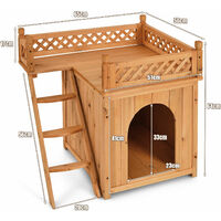 Wooden Dog Cat House Indoor Outdoor Kennel Crate W/ Raised Roof Balcony & Ladder