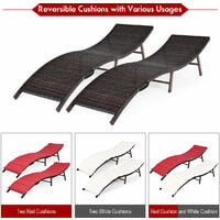2PCS Folding Chaise Lounge Double-sided Cushioned Seat Wicker Outdoor Lounger