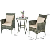 3 Piece Garden Furniture Set Patio Rattan Wicker Cushioned Chairs W/ Glass Table