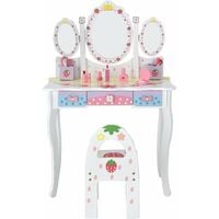 Kids Vanity Makeup Dressing Table & Chair Set W/ Tri-fold Mirror & Drawers White