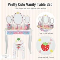 Kids Vanity Makeup Dressing Table & Chair Set W/ Tri-fold Mirror & Drawers White