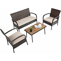 COSTWAY 4 Piece Rattan Furniture Set, Sectional Patio Sofa Set with 2 Cushioned Chairs, 1 Loveseat and 1 Acacia Table, Outdoor Wicker Weave Conservatory Table Chairs for Garden Balcony Poolside