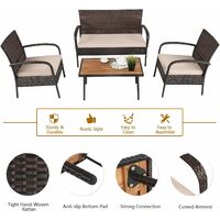 COSTWAY 4 Piece Rattan Furniture Set, Sectional Patio Sofa Set with 2 Cushioned Chairs, 1 Loveseat and 1 Acacia Table, Outdoor Wicker Weave Conservatory Table Chairs for Garden Balcony Poolside