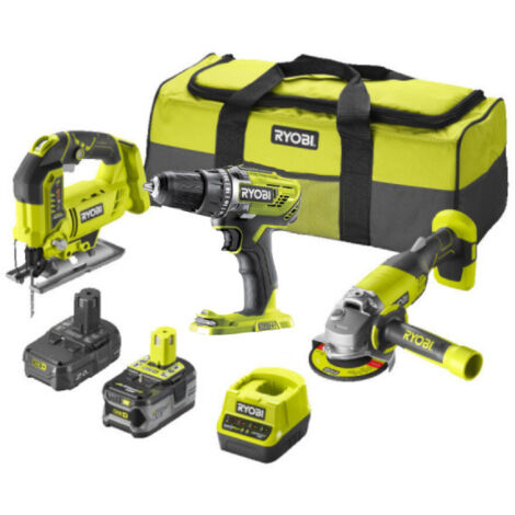 Ryobi – Pack de 3 outils électroportatifs 18V – 2 batteries 4,0Ah et 2,0Ah – Chargeur rapide – Scie sauteuse, perceuse, meuleuse