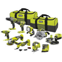 Ryobi – Pack de 9 outils électroportatifs 18V – 2 batteries 5.0Ah et 2.0Ah – Chargeur rapide et 2 sacs de transport – Pour travaux intensifs