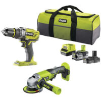 RYOBI Pack Perceuse-visseuse à percussion 18V - Meuleuse d'angle One+ 18V - 1 batterie 18V 2.0 Ah - 1 batterie 18V 4.0 Ah - 1 chargeur R18PDAG-242S
