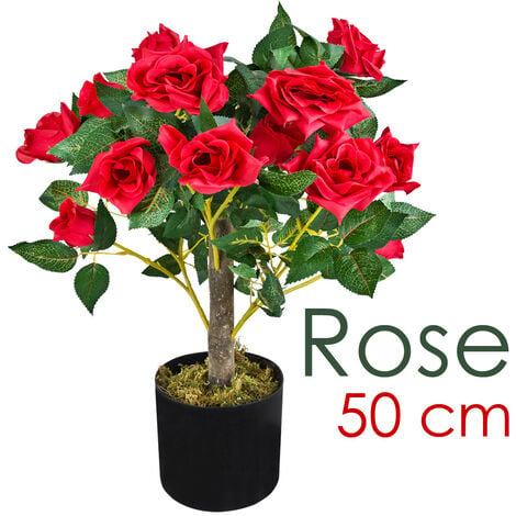 Künstliche Innendekoration Rosenbusch Kunst cm Rot 50 Pflanze Kunstpflanze Rose Kunstblume Blüten mit Echtholz Pflanze Rosenstock