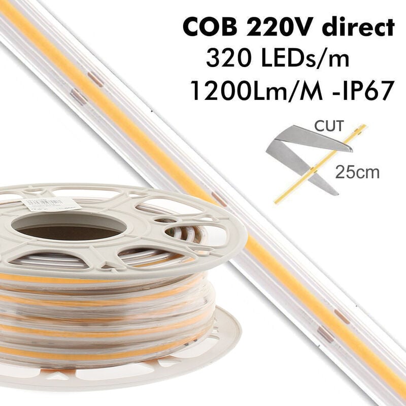 Tira LED 220V COB, 320Led/m, 12W/m, 25cm corte, 20 metros. Regula