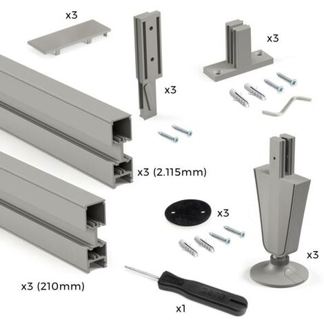 Emuca Lote de 3 estructuras Zero con herrajes y perfiles para montaje al suelo y a pared con nivelador circular, Aluminio y Zamak, Gris piedra - (1/10)