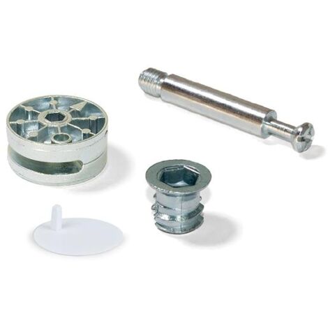 Emuca Lote de 10 excéntricas diámetro 35mm con perno y tuerca M8 con tapa de plástico blanco, para tablero 20mm, Zamak y Acero