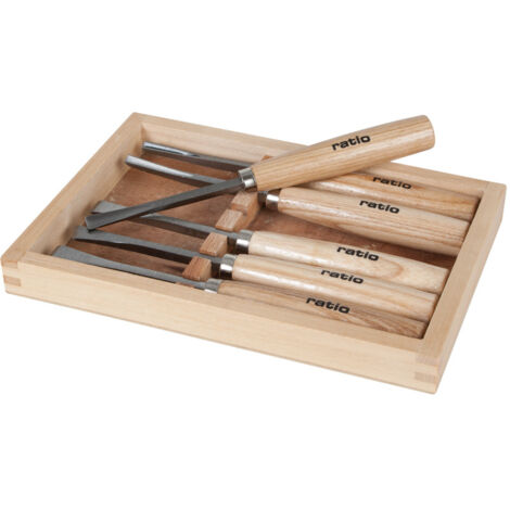 JUEGO 6 GUBIAS CARPINTERO MANGO MADERA RATIO MANGO HAYA BARNIZADO. CUCHILLAS ACERO CARBON.