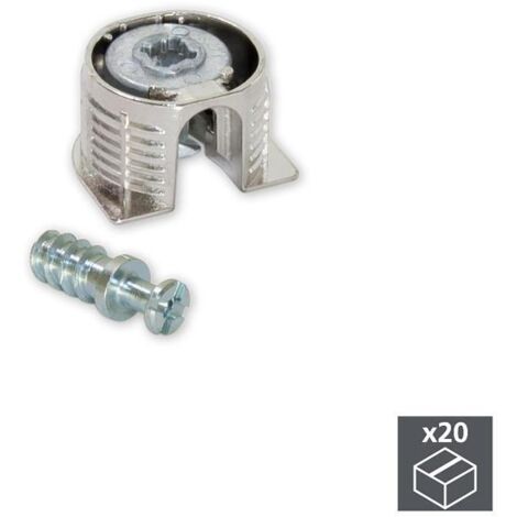 Emuca Lote de 20 enganches y pernos para la fijación estantes, Enganches diámetro 20mm, 12.5mm, Pernos diámetro 6mm, 8mm, Zamak y Acero, Niquelado - (1/5)