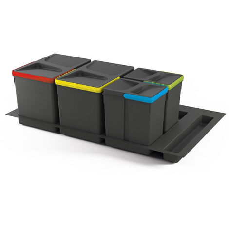 Emuca Kit de contenedores de reciclaje para cajón de cocina con base Recycle altura 266mm, 2x15litros, 2x7litros, módulo 900mm, Plástico gris antracita - (1/5)
