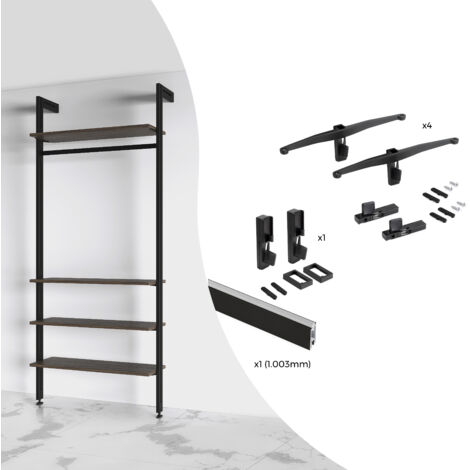 Emuca Kit de soportes para 4 estantes de madera y 1 barra de colgar de longitud 1m Zero, Aluminio y Zamak y Plástico, Pintado color negro texturizado - (1/5)