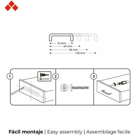 Tirador de Asa para Mueble  Estilo Contemporáneo  Fabricado en Aluminio  Acabado en Cromo Brillo  Distancia Entrepuntos: 96 mm  Medidas 120917 mm  Fijación Atornillado  Incluye Tornillos M4  4 Unidade
