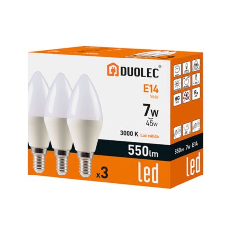 Pack 3 bombillas Led vela DUOLEC E14 luz cálida 7W -