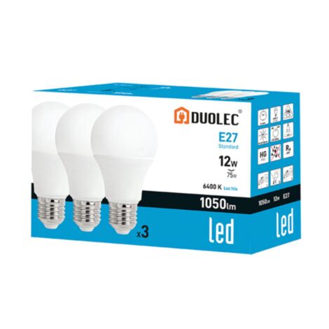 Pack 3 bombillas Led estándar DUOLEC E27 luz fría 12W - (1/2)