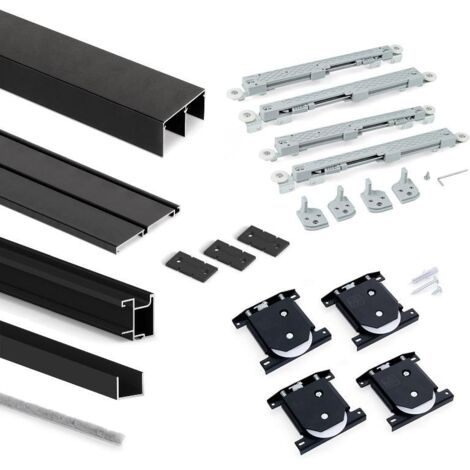 emuca kit de herrajes para armario de 2 puertas correderas y cierre suave placard 74, modelo tirador sharp, espesor 16mm, tableros no incluidos, pintado negro