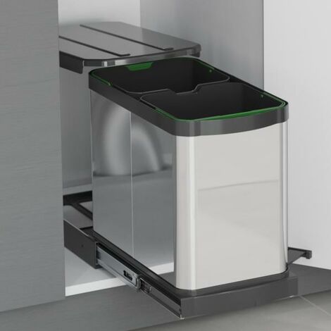 Emuca Contenedor de reciclaje para fijación inferior y extracción manual/automática en mueble de cocina Recycle Inox 2x12litros, Plástico y Acero inoxidable -