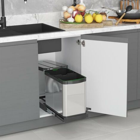 Emuca Contenedor de reciclaje para fijación inferior y extracción manual/automática en mueble de cocina Recycle Inox 2x12litros, Plástico y Acero inoxidable -