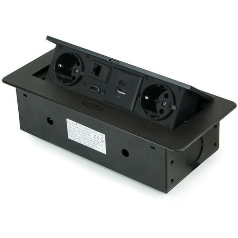 Emuca Multiconector Atom 26, 225x111mm, 2 enchufes tipo Schuko, 1 USB tipo A, 1USB tipo C, 1 RJ45, 1 HDMI, Zamak-Acero-Plástico, Negro -