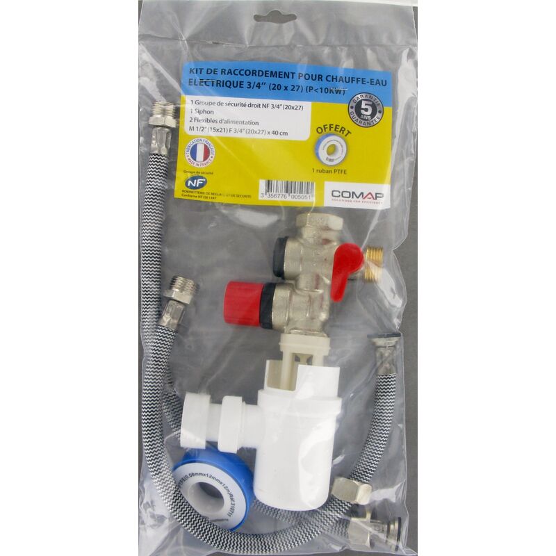 COMAP Kit complet groupe de sécurité laiton droit pour chauffe-eau, cumulus  - 20x27 ou 3/4 - D, 14 et 16 (Groupe de sécurité, siphon, 2 flexibles 50 cm  3/4'', raccords, vidange) - S600501