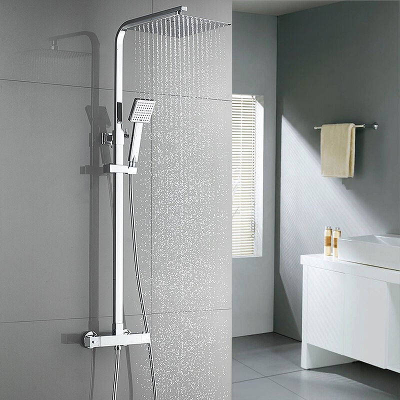 Auralum Duschsystem Regendusche Duschset Edelstahl Duschsäule mit Thermostatbatterie und Verstellbare Duschstange für Badezimmer