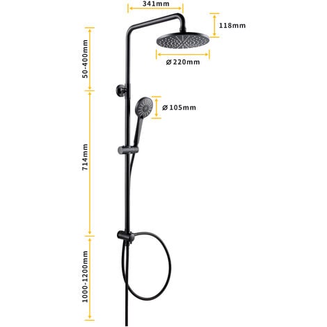 CECIPA Duschset Schwarz Duschsystem ohne Armatur, Regenduschset mit 22cm Kopfbrause Rund und 3 Modus Duschkopf Handbrause, Höhenverstellbar