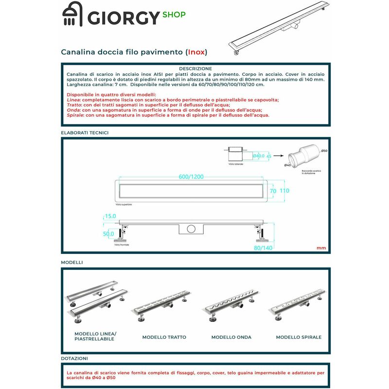 Scarico Pavimento Canalina Doccia Sifone 70 - 100cm 4 Modelli Acciaio Inox  V2Aox