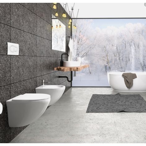 Sanitario Bagno WC Ovale Sospeso Rimless Completo di Coprivaso, Telaio con  Cassetta ad Incasso con Placca