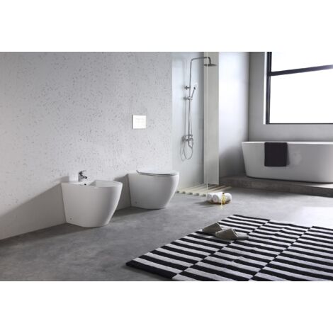 Coppia Sanitari Bent Rimless – Vaso + Bidet Filo Muro a Terra Bianco Lucido – Senza Brida, Coprivaso Soft-Close