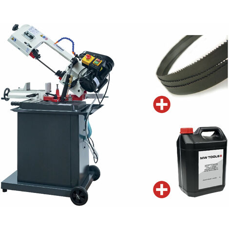 Scie à ruban mobile pour métaux -45°/+60° capacité de coupe ronde 128 mm 0,55 kW 230V 3 lames de scie et 5L d'huile de refroidissement Torros SC135G PACK