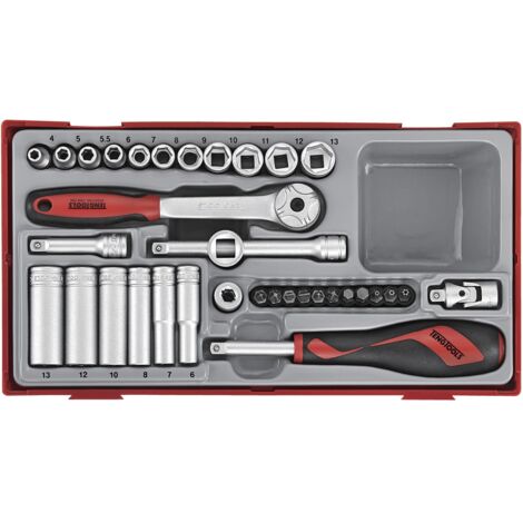 Jeu de douille TT1 tray 1/4 4-13mm Plat- PH- PZ- TPX- hex 35 pièces 6 pans Teng Tools TT1435