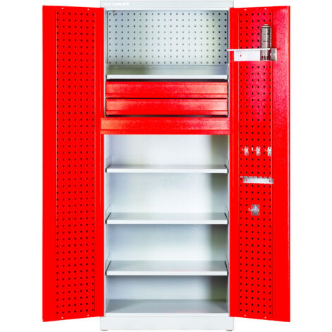 Mw Tools – Armoire d'atelier haute 780x580x1920mm – 3 tiroirs – 4 tablettes réglables 50kg – Acier soudé – Serrure à 2 points – DEK19207858LP