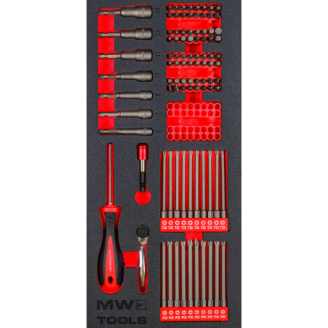 Jeu d'embouts ¼ Torx- Plat- PH- PZ- ROB- Wing- HEX- Spline 94 pièces module en mousse pour servante d'atelier MW Tools MWBIT94