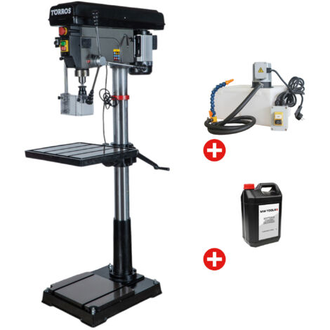Perceuse à colonne professionnelle jusque ø 30 mm CM3 1,5 kW 400V avec système de refroidissement et bidon de 5L d'huile Torros DF30T PACK COOL