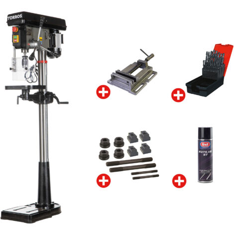 Perceuse à colonne professionnelle jusque ø 20 mm CM2 600W 230V + étau de perçage jeu de boulons jeu mêches aérosol Torros DF20M PACK
