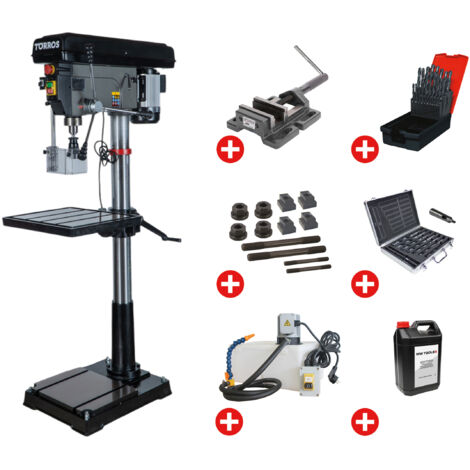 Perceuse à colonne professionnelle jusque ø 32 mm CM4 1,5 kW 400V + accessoires indispensables et unité d'arrosage Torros DF34T PACK PRO