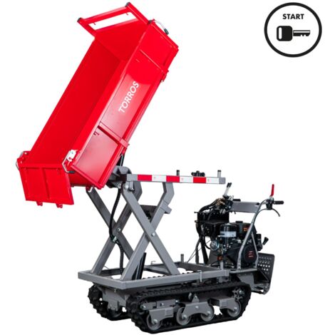 Minidumper à chenilles avec élévateur à ciseaux hydraulique benne plateau 800kg 13CH 6+2R vitesses démarrage électrique Torros MRPS800H6E