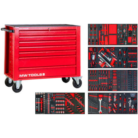 Mw Tools – Servante d'atelier roulante rouge XL 514 outils – 7 tiroirs avec modules en mousse – Dimensions 1135x475x960mm – MWE512G3R