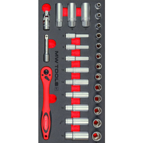 Mw Tools – Coffret multi-outils 28 pièces 3/8 – Douilles 6 à 19 mm – Raccord universel et clé à cliquet – Rangement en mousse – MWD3828
