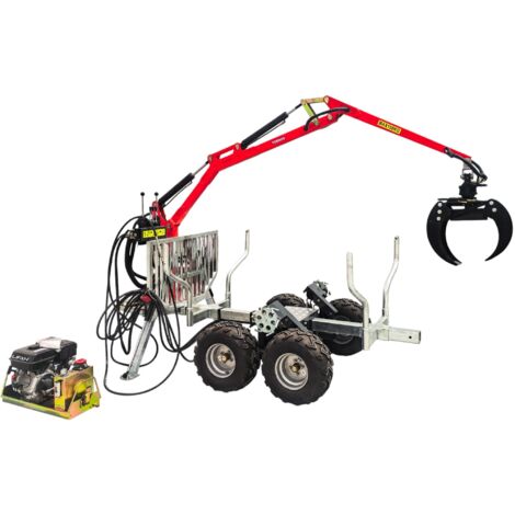 Torros – Remorque à bois forestière double essieux 1500 kg avec grue hydraulique 3,4m – Moteur essence 9ch – AHR1505HWG
