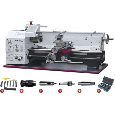Tour à métaux d'établi hauteur des pointes 125 mm entre-pointes 550 mm alésage 26 mm 0,75 kW 400V 6 vitesses avec accessoires Optiturn TU2506 PACK 400V