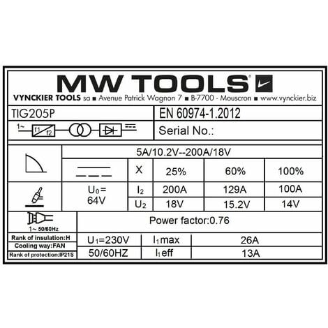 Poste à souder inverter TIG DC Pulse 200 A + accessoires MW Tools TIG205P