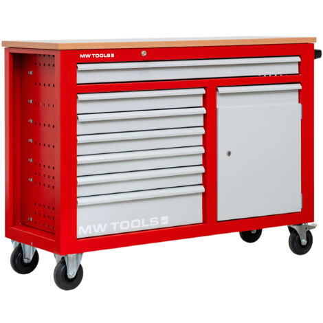 Mw Tools – Servante d'atelier roulante 7 tiroirs – Armoire rouge et grise – Plan de travail stratifié – Longueur 1260 mm – Hauteur 965 mm – GW107K (1/5)