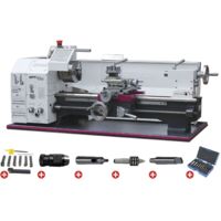 Tour à métaux d'établi hauteur des pointes 125 mm entre-pointes 550 mm alésage 26 mm 0,75 kW 400V 6 vitesses avec accessoires Optiturn TU2506 PACK 400V