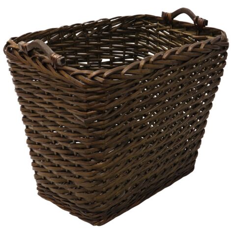 Vertical Weave Rectangle Log Basket with Wooden Handles, Brown, Medium