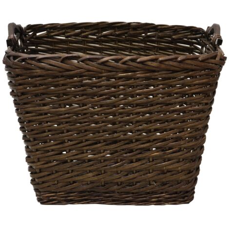 Vertical Weave Rectangle Log Basket with Wooden Handles, Brown, Medium