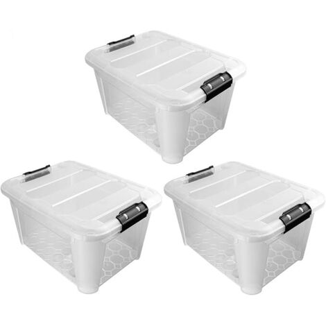 JVL Plastic Secure Clip Lidded Storage Box, Stackable & Nestable, Clear, Set of 3, 30L